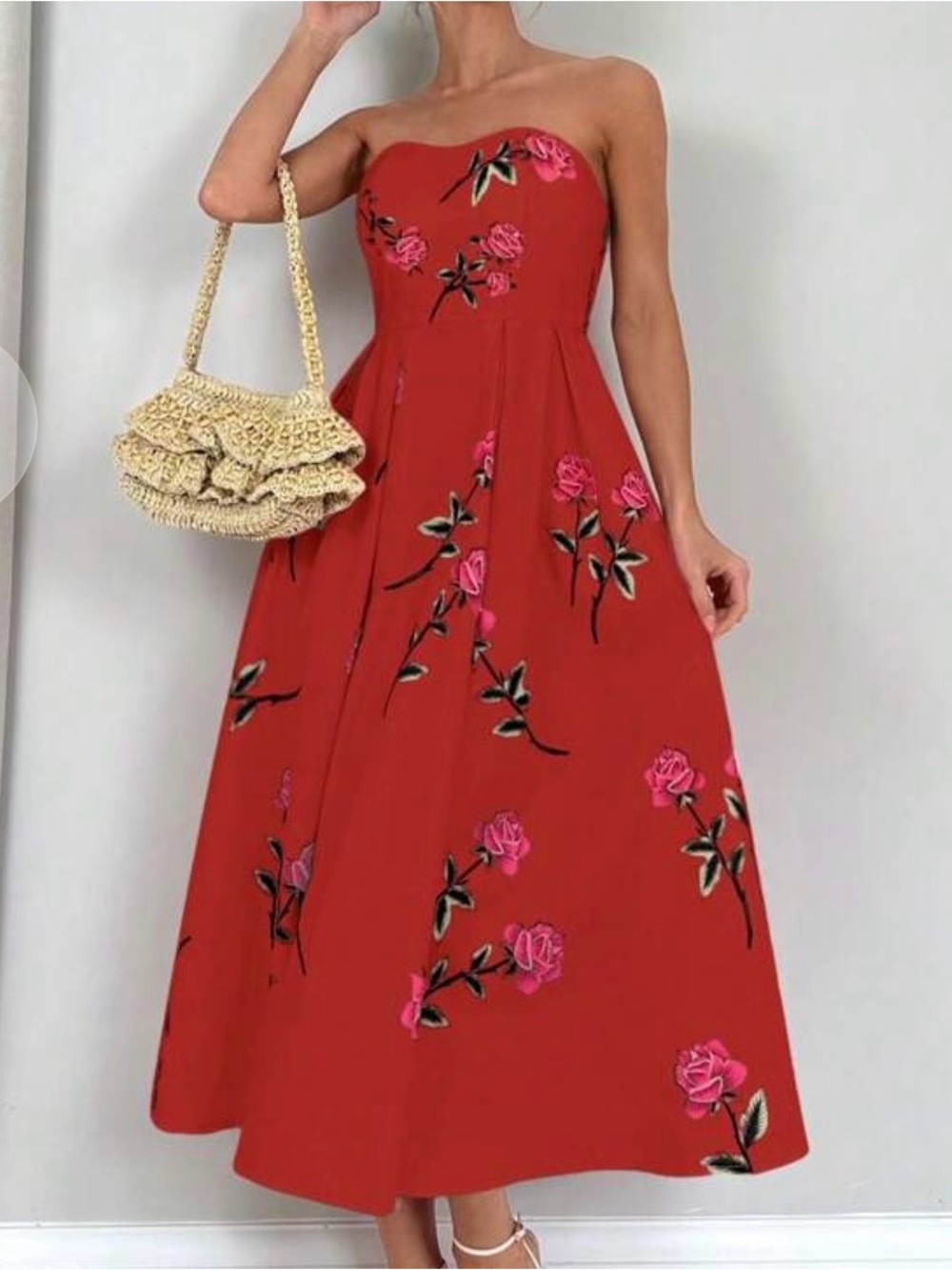 SHEIN Red Strapless Floral Midi Dress